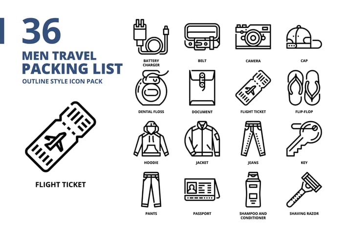 Men Travel Packing Outline Style Icon Set