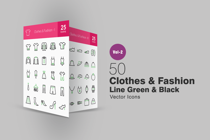 50 Clothes & Fashion Line Green & Black Icons