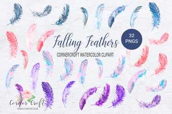 Watercolor Falling Feathers, Feather Clip Art