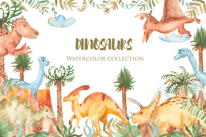 Watercolor Dinosaurs. Clipart, patterns, frames