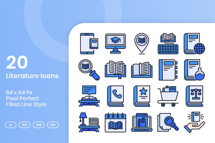 20 Literature Icons Set - Filled Line