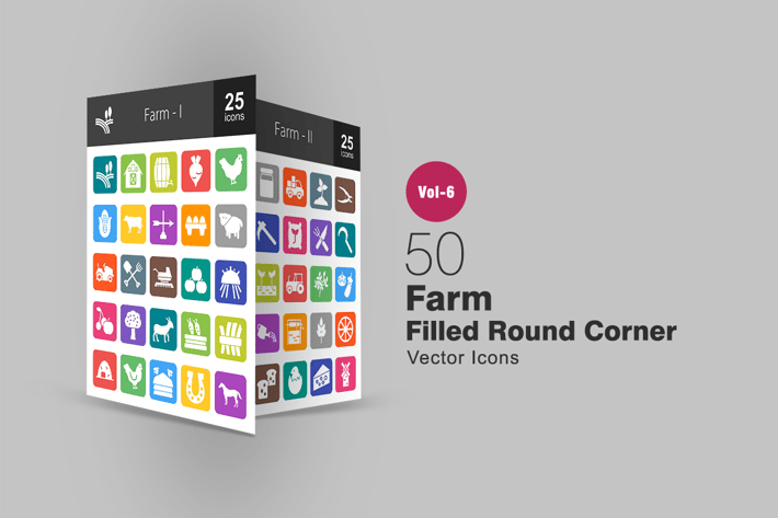 50 Farm Filled Round Corner Icons