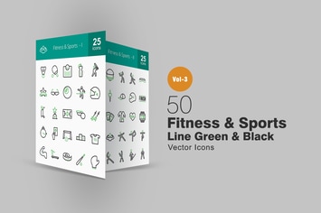 50 Fitness & Sports Line Green & Black Icons