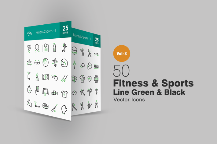 50 Fitness & Sports Line Green & Black Icons