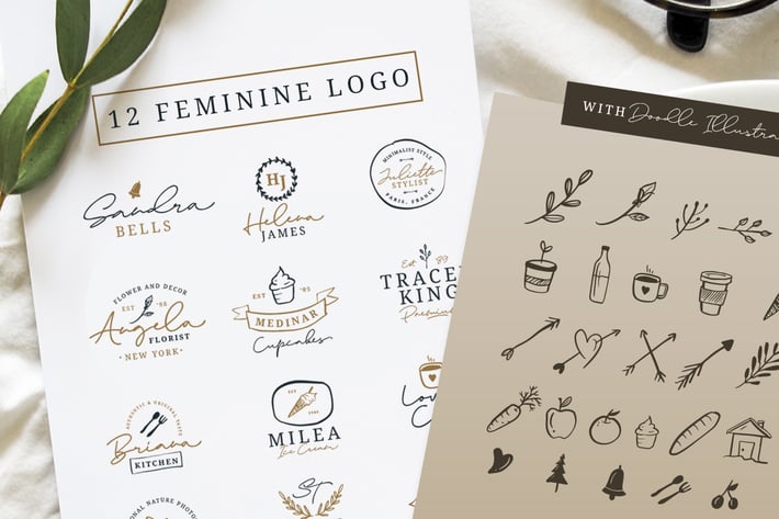 12 Feminine Logo + Doodle Illustration