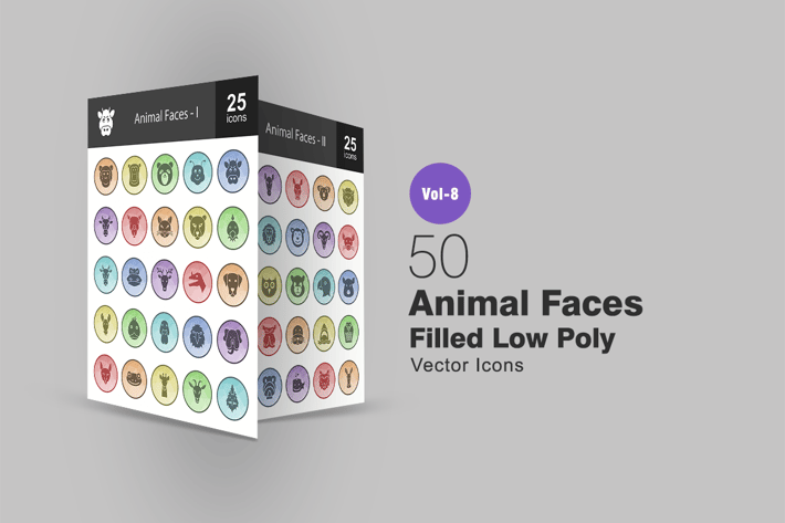 50 Animal Faces Filled Low Poly Icons