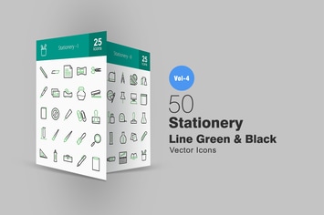 50 Stationery Line Green & Black Icons