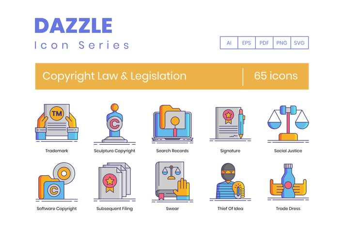 65 Copyright Law & Legislation Line Icons
