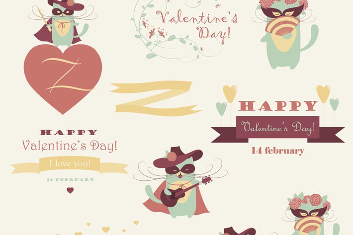 Vector set of couple funny valentine cats, macho 