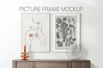 Picture frame mockup hanging on the white wall