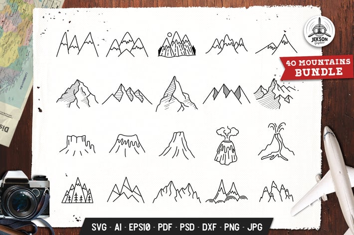 Mountains Set Adventure Line Art Vector Graphic