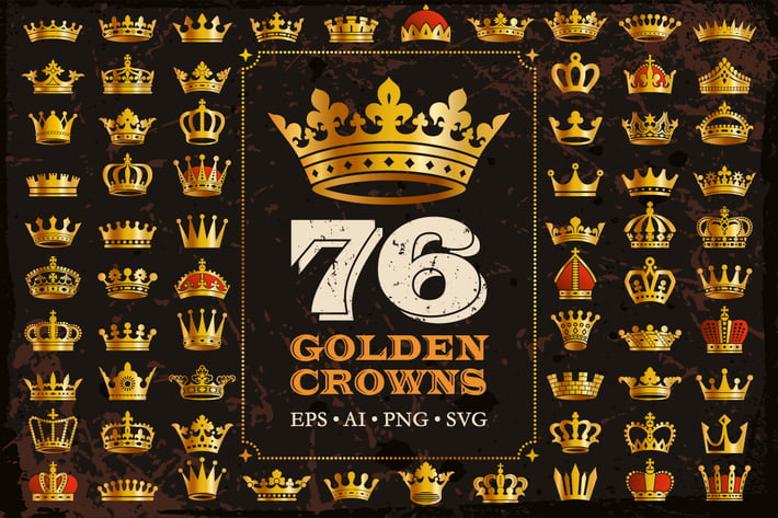 76 Golden Royal Crowns Icons Vector Silhouettes