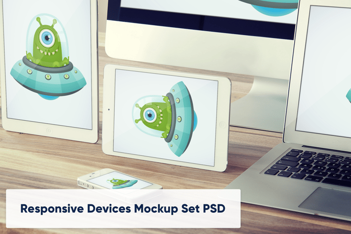 Tablets and Laptop on Wooden Desk - Mockup Set PSD