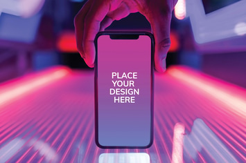 Smartphone screen mockup on glowing neon lights