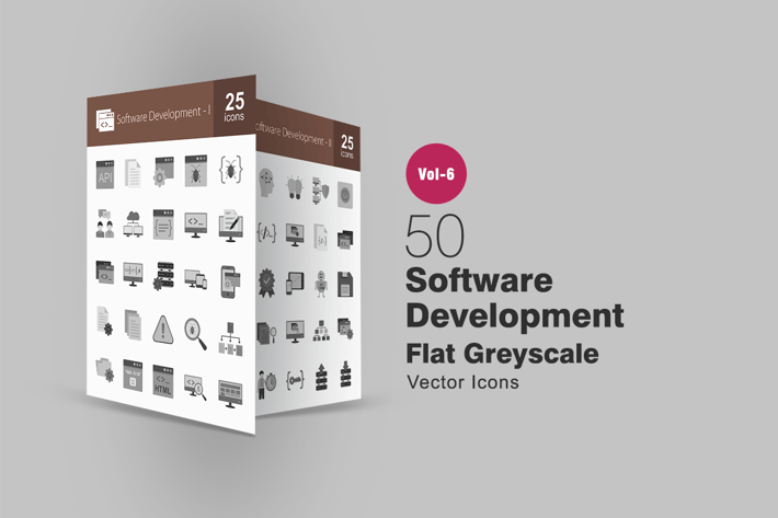 50 Software Development Flat Greyscale Icons