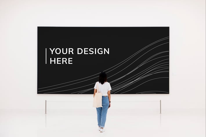 Woman looking at signboard mockup