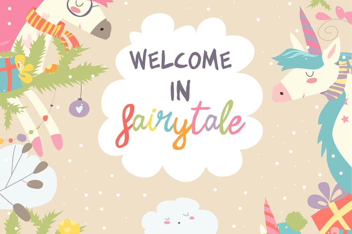 Cute winter frame with magic unicorns and christma