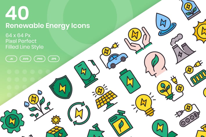 40 Renewable Enegy Icons Set - Filled Line