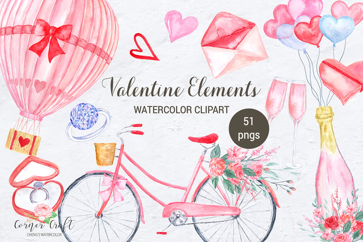 Watercolor Valentine Elements 