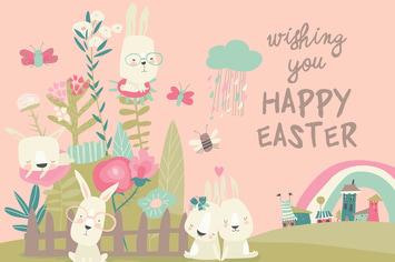 Cute cartoon bunny with Easter eggs and flowers. 