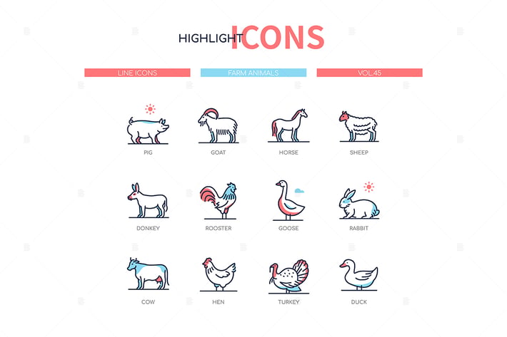 Farm animals collection - line design style icons