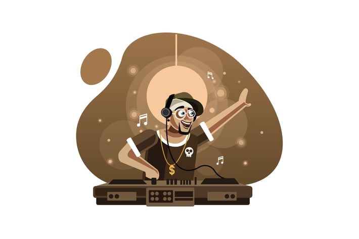 DJ in headphones playing music on turntable