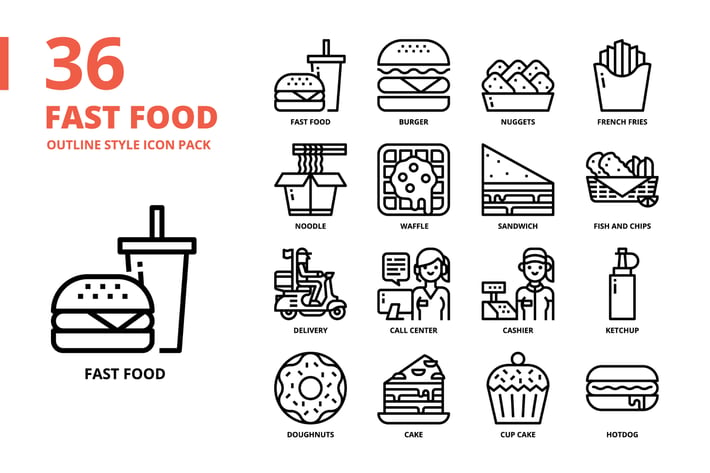 Fast food Outline Style Icon Set 