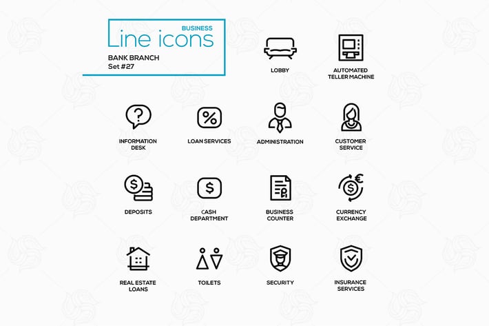 Bank branch - modern vector single line icons set.