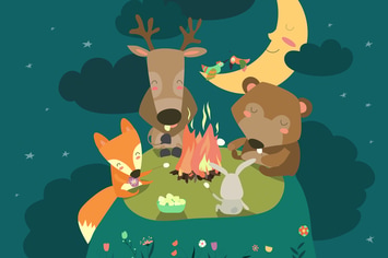 Cute animals resting around bonfire. Vector 