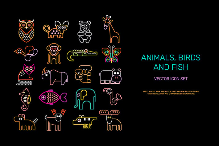 Animal vector icon set (neon colors)
