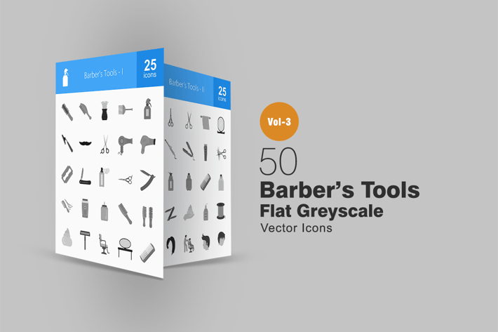 50 Barber’s Tools Greyscale Icons