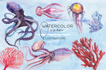 Watercolor ocean illustrations set