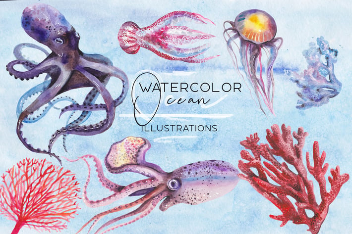 Watercolor ocean illustrations set