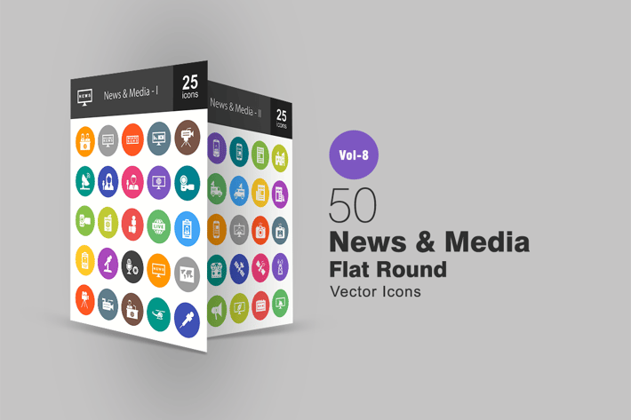 50 News & Media Flat Round Icons