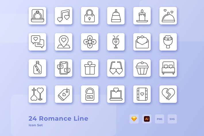 Valentine Romance Love Line Icon Set