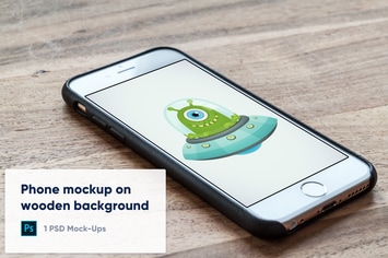 Phone in Leather Case on Wooden Background Mockup