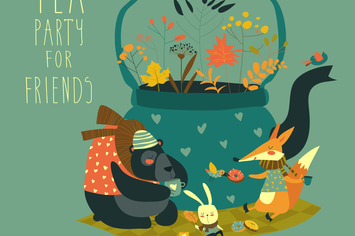 Cute animals friends sitting around teapot