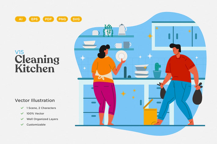 Cleaning Kitchen Flat Illustration