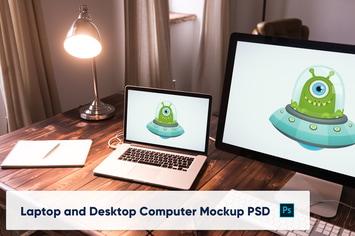 Desktop Computer and Laptop on Wooden Desk PSD