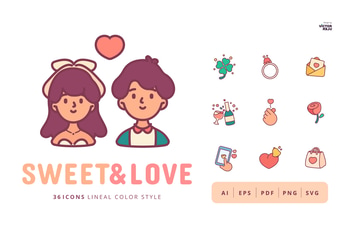 36 Sweet&Love Icons Lineal Color Style