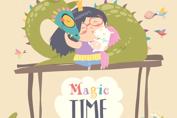 Cute cartoon dragon, unicorn and little princess. 