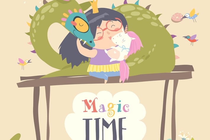 Cute cartoon dragon, unicorn and little princess. 