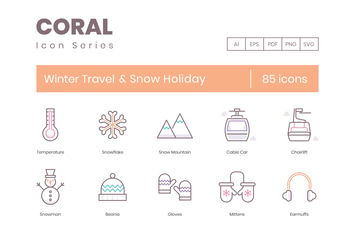 85 Winter Travel & Snow Holiday Line Icons 