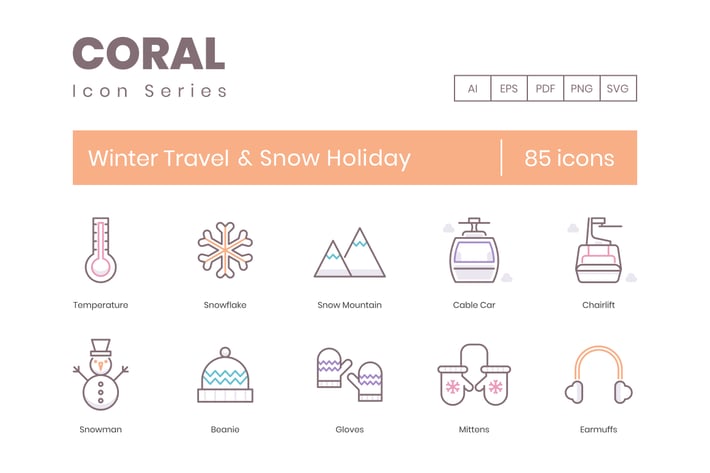 85 Winter Travel & Snow Holiday Line Icons 