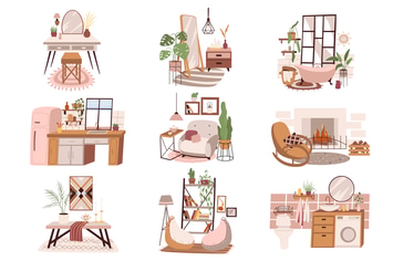 Different Rooms At Home Set Isolated Elements