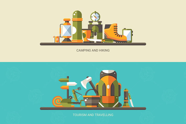 Camping and Hiking Flat Design Style Banners Set