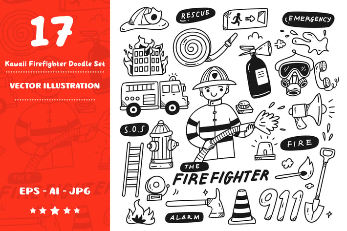 Kawaii firefighters Doodle Set
