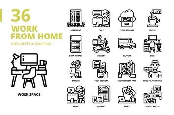 Work from Home Outline Style Icon Set