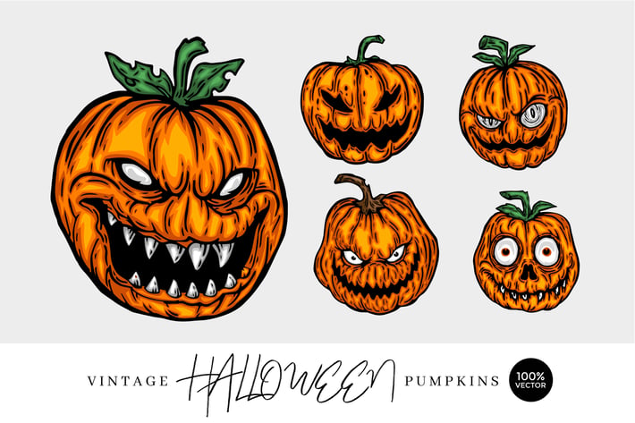 5 Vintage Hand Drawing Pumpkin Monster Vector