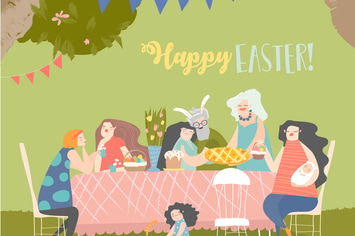 Cartoon happy family having Easter dinner in bloss